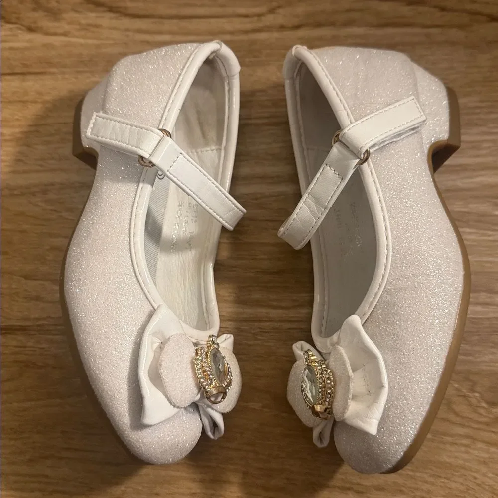 Stelle Flower Girl White Glittery Princess Crown Mary Jane Dress Shoes Size 10
